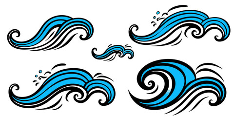 Fototapeta premium Stylized blue ocean wave set design elements