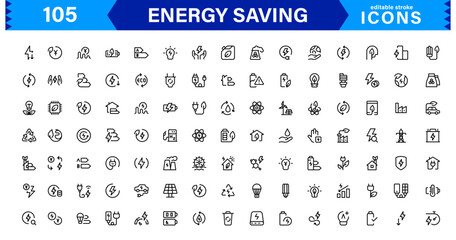 Energy Saving Icon Collection with Eco, Renewable, Power, Green Technology, and Sustainability Symbols in Simple, Download-Ready Design