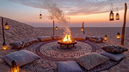 Patterned Rug Circle and Lantern Poles at Dusk Creating Intimate Atmosphere of Sommerwerft Gathering