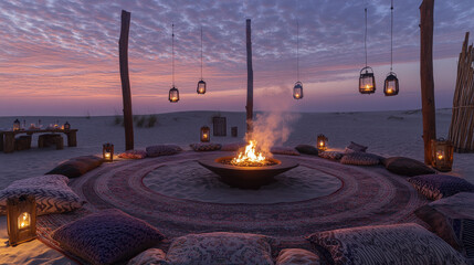 Patterned Rug Circle and Lantern Poles at Dusk Creating Intimate Atmosphere of Sommerwerft Gathering