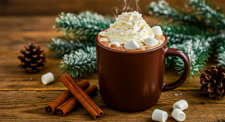 Mug of hot chocolate with whipped cream and marshmallows