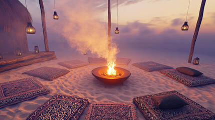 Patterned Rug Circle and Lantern Poles at Dusk Creating Intimate Atmosphere of Sommerwerft Gathering