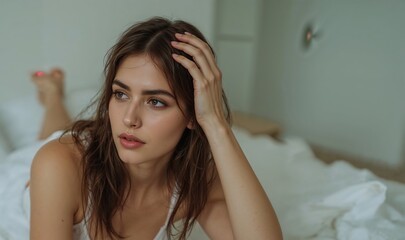 Obraz premium A woman in beige loungewear sits on a bed, resting her head in her hand. Shot in soft natural light, side angle. The setting is minimalistic, evoking a contemplative or tired mood.