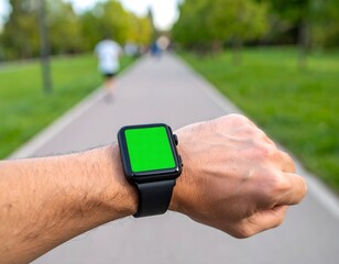 Green Screen Smartwatch on Wrist in Urban Park with Jogger in Background