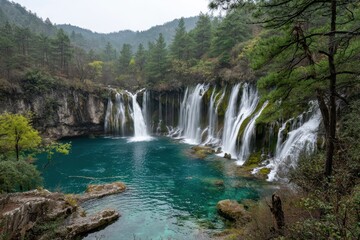 Fototapeta premium Scenic view of cascading waterfalls flowing into a turquoise pool surrounded by trees