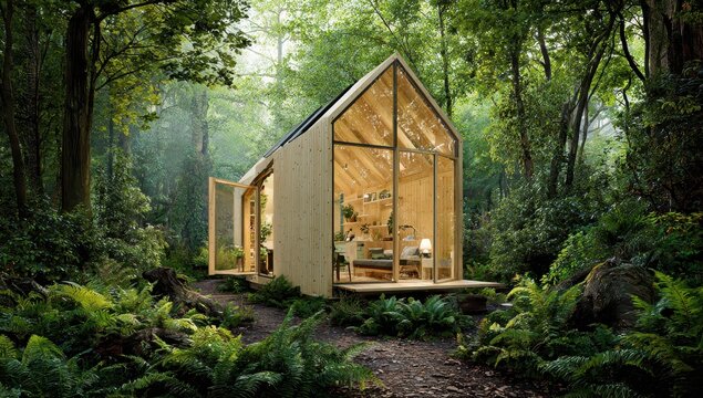 Tiny cabin nestled in lush forest