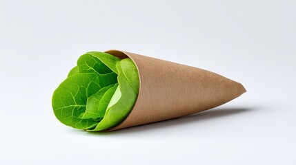 Fresh Green Lettuce Wrapped in Brown Paper Cone on White Background