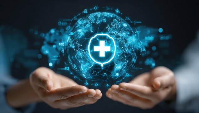 Global health protection visualized. Two hands hold a globe-shaped holographic projection of a shield with a plus sign