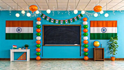 classroom chalkboard decorated with indian flags balloons and independence day theme
