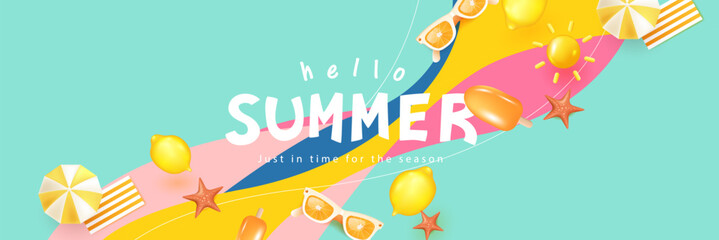 Vibrant summer banner with abstract pastel waves, lemons, sunglasses, and beach accessories. Great for seasonal promotions and youth-oriented content.