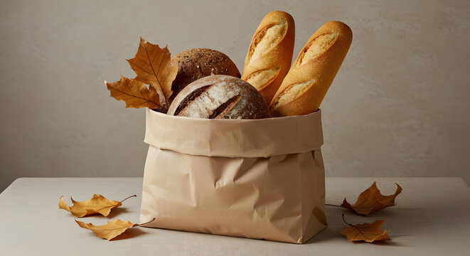 Bread in paper bag with autumn leaves