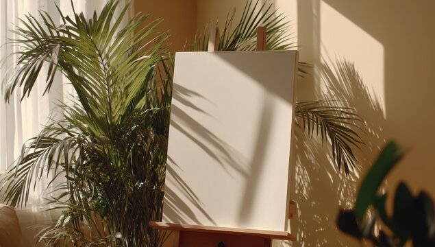 Blank canvas on easel, sunlit room - Powered by Adobe