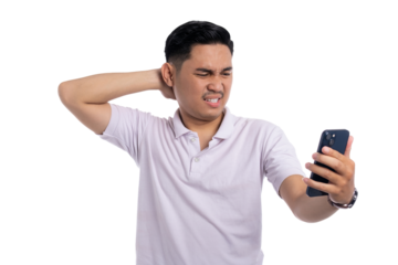 Frustrated young Asian man looking at smartphone with confused expression scratching head isolated on transparent background