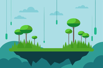 Fototapeta premium Floating Island Fantasy Surreal Landscape Illustration with Hanging Trees and Lush Greenery