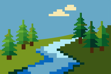 Pixel Art Landscape Serene River Winding Through a Lush Green Forest
