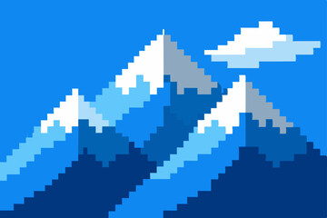 Fototapeta premium Pixel Art Mountain Landscape Serene Blue Peaks and Clouds