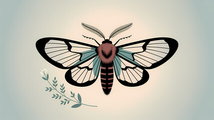 Flat Design Illustration of Carmenta brachyclados, Clearwing Moth with Translucent Iridescent Wings and Floral Accent