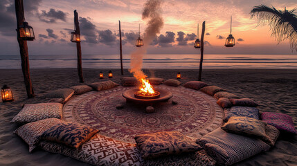Patterned Rug Circle and Lantern Poles at Dusk Creating Intimate Atmosphere of Sommerwerft Gathering