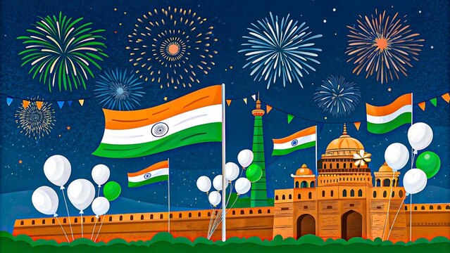 Indian republic day celebration with fireworks balloons and flags over historical monument
