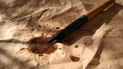 Ink-stained brown craft paper with brush splash and dry wrinkles