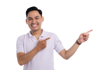 Smiling young Asian man in white polo shirt pointing to the side with both hands isolated on transparent background
