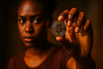Black woman holding a Bitcoin coin in the foreground