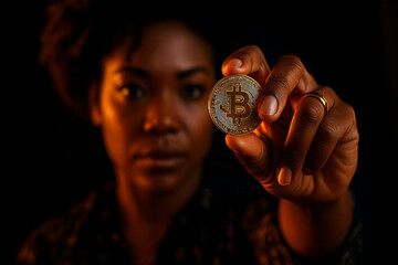 Black woman holding a Bitcoin coin in close-up shot