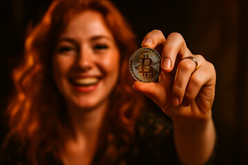 Smiling redhead woman holding a Bitcoin coin in close-up shot