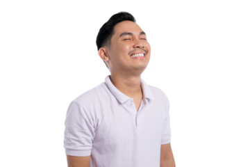 Happy young Asian man in white polo shirt smiling with eyes closed looking up isolated on transparent background