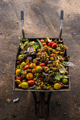 Wheelbarrow full of organic waste, fruits, vegetables. Illustrates food waste, recycling,...