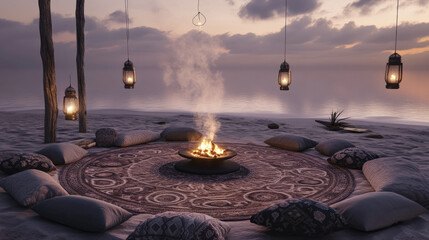 Patterned Rug Circle and Lantern Poles at Dusk Creating Intimate Atmosphere of Sommerwerft Gathering