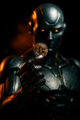 ROBOT HOLDING A BITCOIN COIN