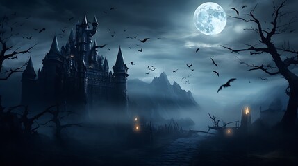 Halloween haunted castle background spooky night scene full moon bats dark fantasy gothic architecture wallpaper
