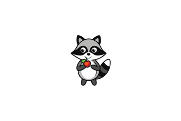 Cartoon raccoon holding fruit in forest scene vector art illustration
