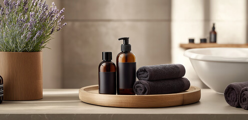 Bathroom scene: toiletries, black towels on a tray, with lavender, creating a natural and soothing atmosphere