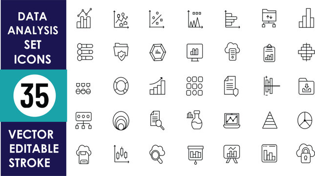 35 editable vector stroke icons in minimalist line art style representing data analysis tools like bar charts, pie charts, graphs, reports, filters, and dashboards