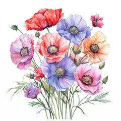 Fototapeta premium Vibrant Watercolor Painting of a Colorful Poppy Bouquet