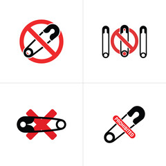 Black Safety Pins Set in Prohibition Sign on White Background Flat Icon