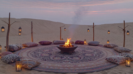 Patterned Rug Circle and Lantern Poles at Dusk Creating Intimate Atmosphere of Sommerwerft Gathering