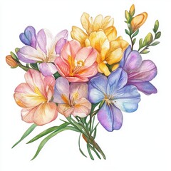 Vibrant Watercolor Painting of a Freesia Bouquet