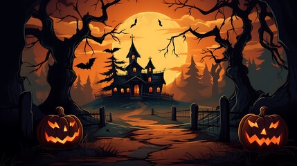Spooky halloween haunted house scene with pumpkins bats and full moon vector illustration graphic design