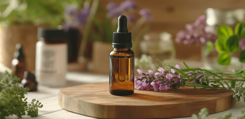 An essential oil bottle with a dropper on a wooden tray, surrounded by plants, flowers and jars, creating a natural healing aromatherapy scene