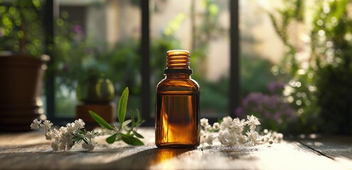 In a sunlit room, an essential oil bottle with plants on a wooden table shows a natural healing aromatherapy scene