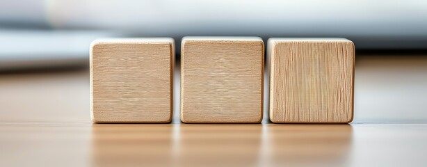 Business growth process showcasing wooden blocks being placed on a table with icons of planning, implementation, and results in a professional setting