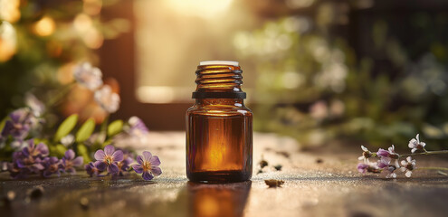 In a sunny setting, an essential oil bottle with plants on a wooden table shows a natural healing aromatherapy scene