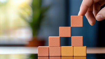 Business growth process showing a concept of steady progress with blocks being placed one by one on a reflective table surface