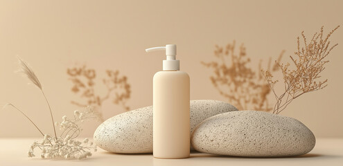 On a light beige background, a pump bottle pairs with pebbles and dried flowers, creating a minimalist natural healing atmosphere