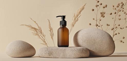 On a light beige background, a pump bottle sits on a stone, paired with dried flowers and pebbles, creating a minimalist healing atmosphere