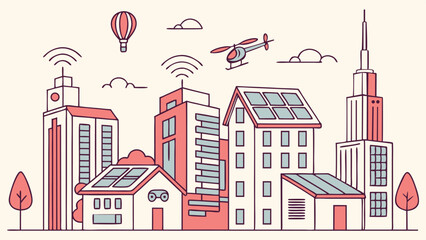 Futuristic City Skyline with Wireless Signals and Solar Energy Elements &ndash; Vector EPS Design

