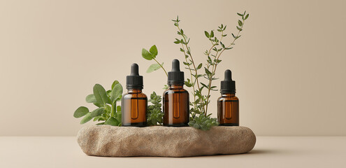 On a light background, three essential oil bottles rest on a stone, paired with fresh green branches and leaves, creating a natural healing atmosphere